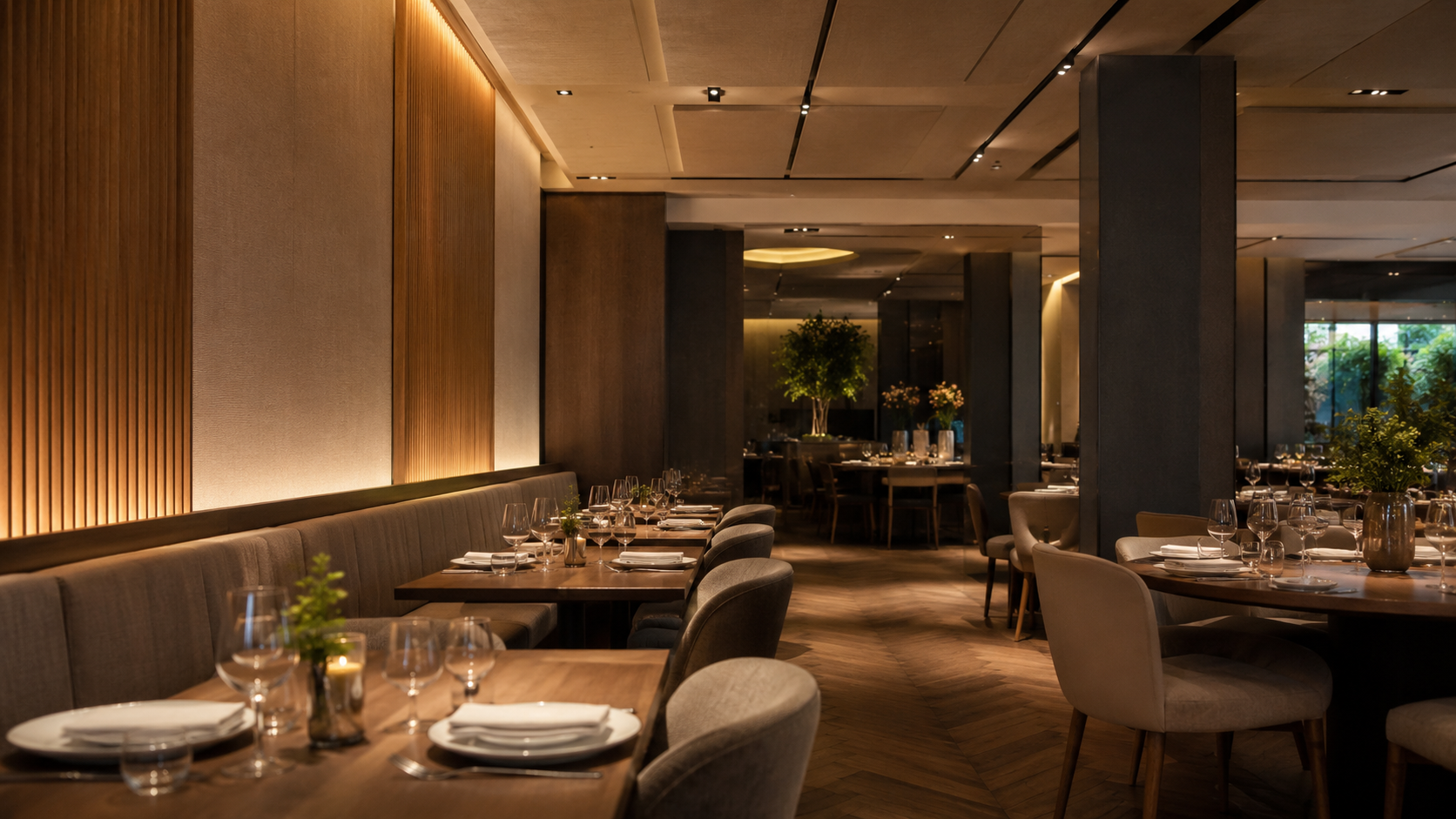 Elegant restaurant with fabric-wrapped acoustic wall panels